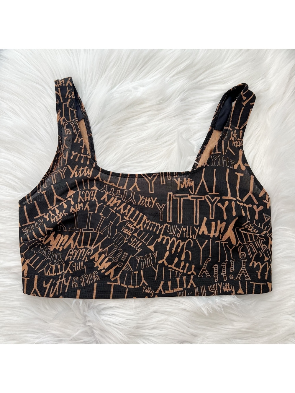 YITTY Womens L Black Brown Logo Print Mesh Sports Bra Longline Stretch
